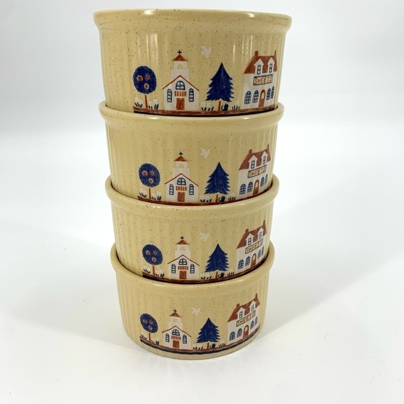 Vintage 80s Set of Four Ramekins Souffle Casserole Bowls Tan Country Village - Picture 2 of 11